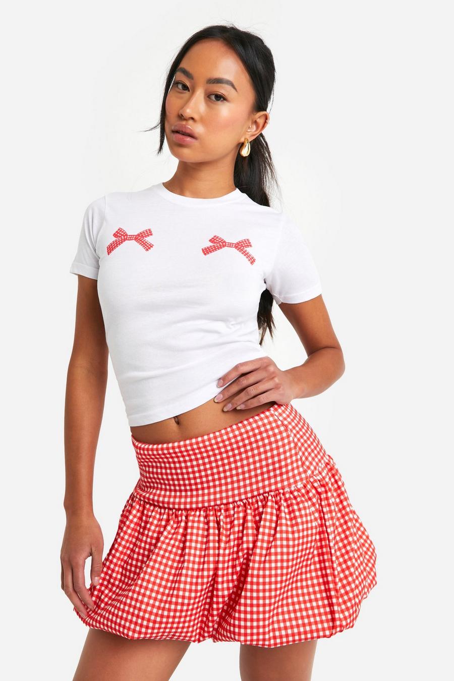 Red Bengaline Gingham Puffball Bubble Skirt