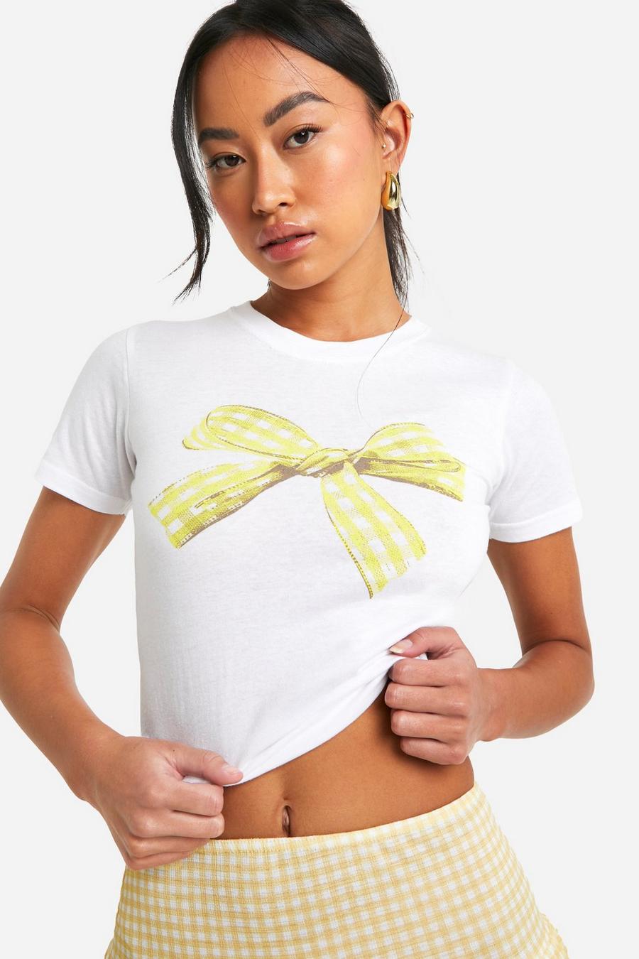 White Gingham Bow Baby Tee image number 1