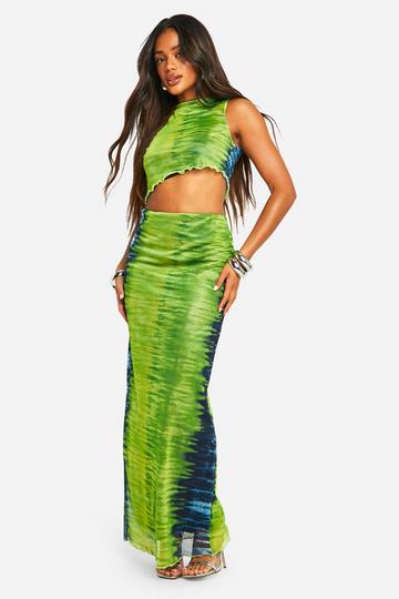 Asymmetric Printed Mesh Maxi Skirt green