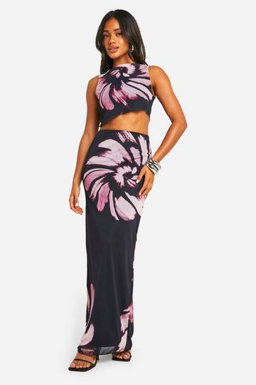 Black Asymmetric Printed Mesh Maxi Skirt