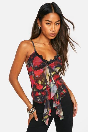 Smudge Print Mesh Trim Cami Top red