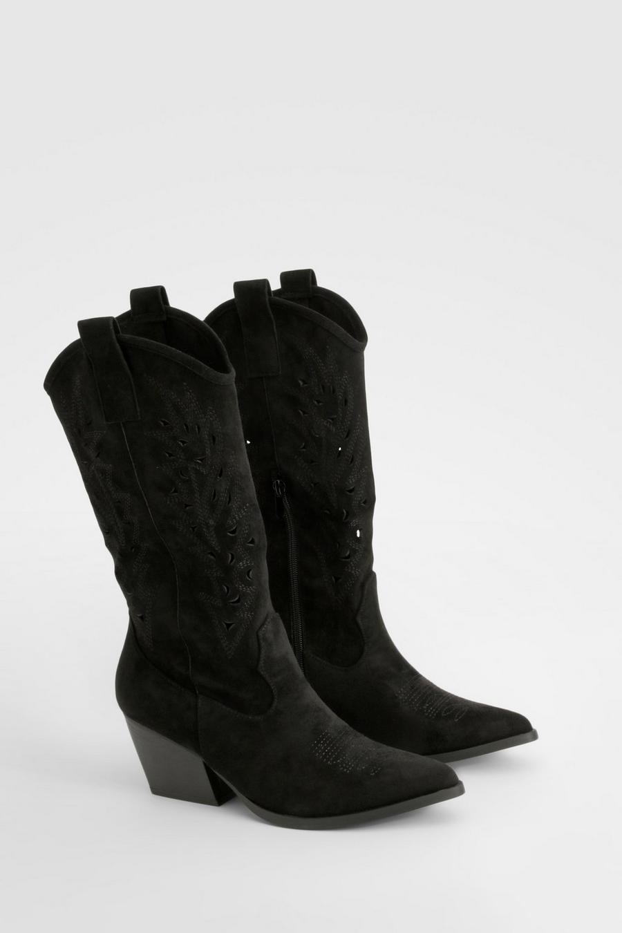 Black Cut Out Detail Knee High Western Boots  