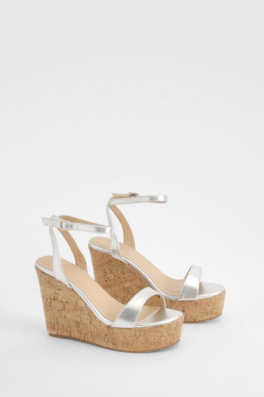 Silver Metallic Cork Sole Wedges image number 1