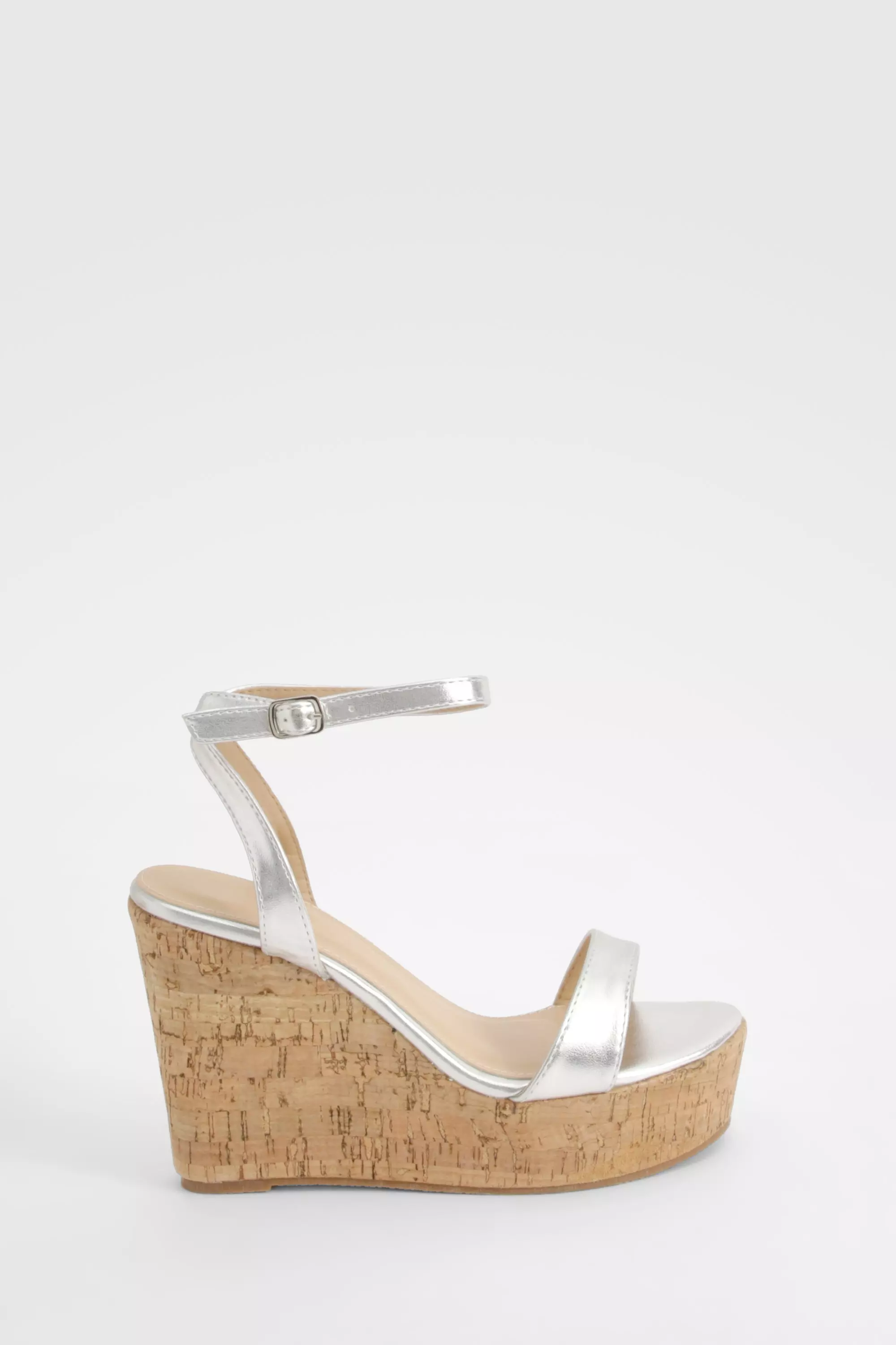 Silver Metallic Cork Sole Wedges صورة بديلة
