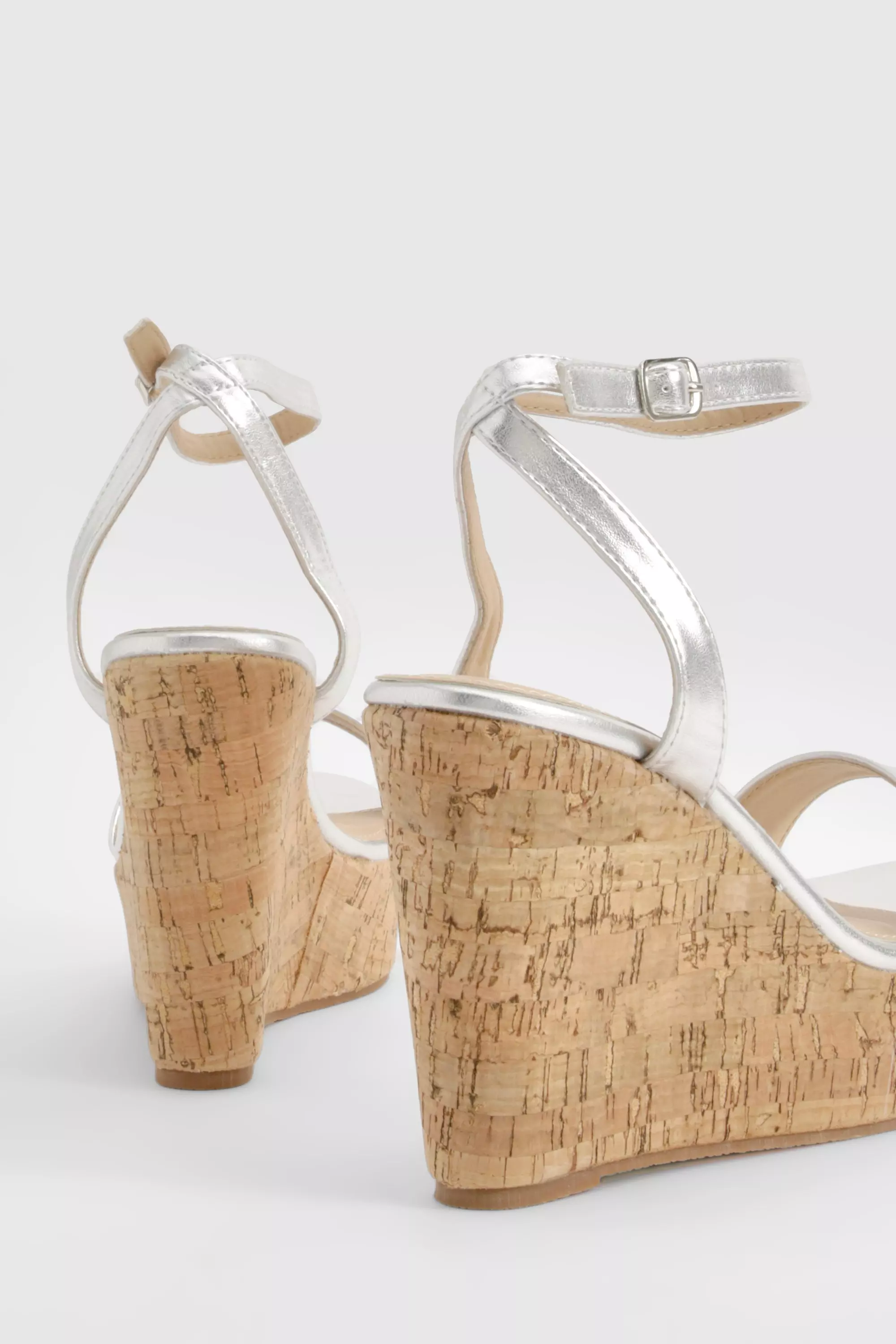 Silver Metallic Cork Sole Wedges صورة بديلة