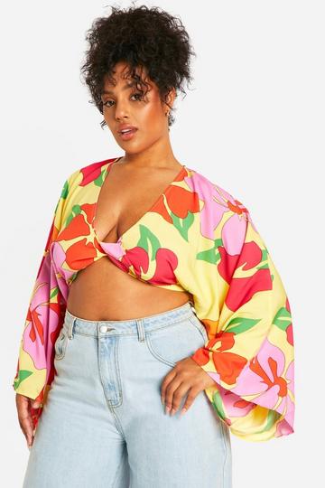 Plus Gedraaide Bloemen Crop Top Met Lange Mouwen floral