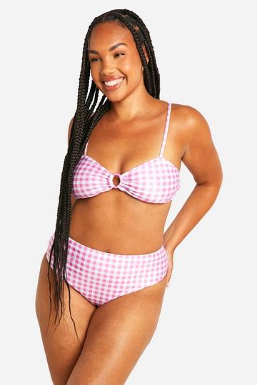 Plus Gingham Print High Waist Bikini Brief pink