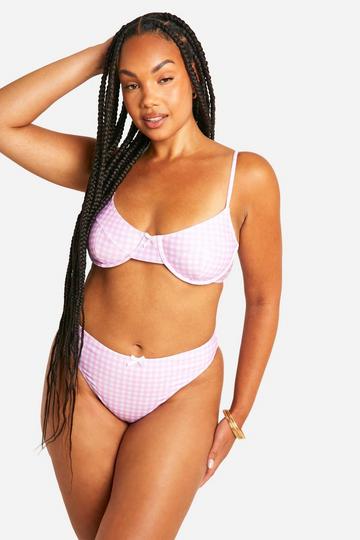 Plus Gingham Print High Waist Bikini Brief pink