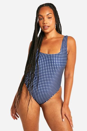 Plus Gingham Print Swimsuit blue