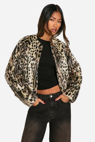 Collarless Leopard Faux Fur Jacket light beige