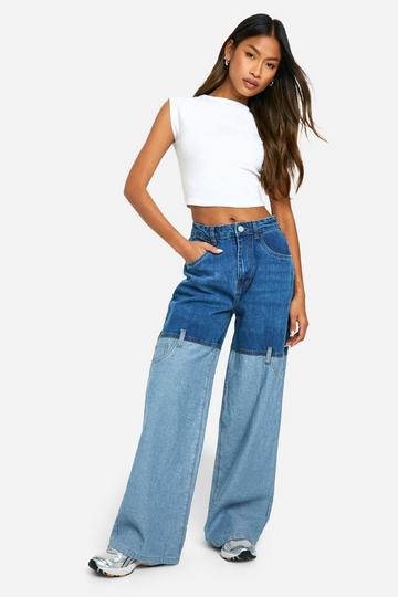 Contrasterende Wide Leg Jeans Met Naaddetail mid blue