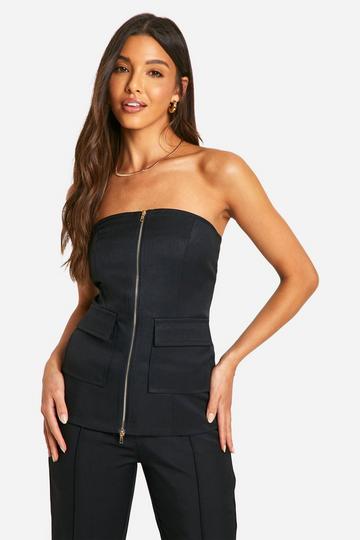 Longline Zip Front Tailored Bandeau Top black