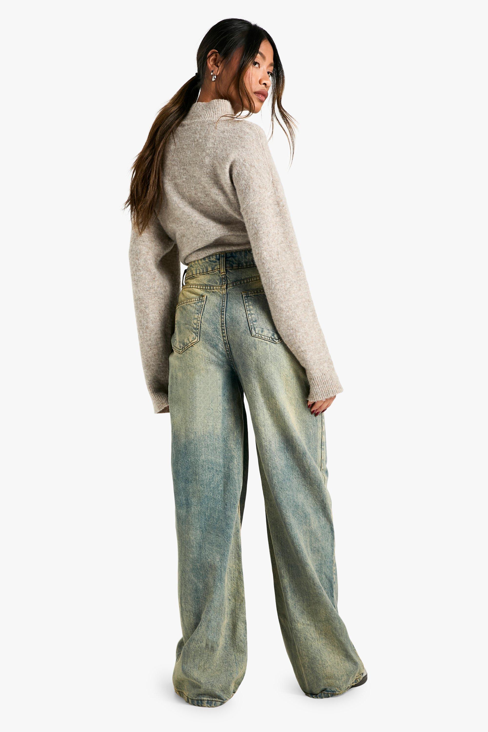 Jeans a gamba ampia in lavaggio color sabbia