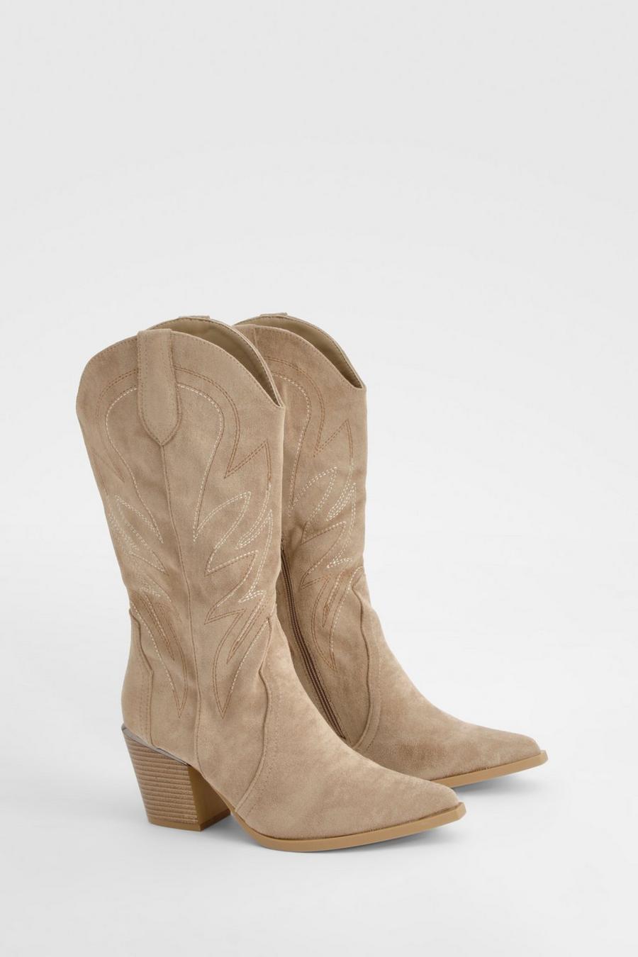 Taupe Embroidered Knee High Cowboy Boots image number 1