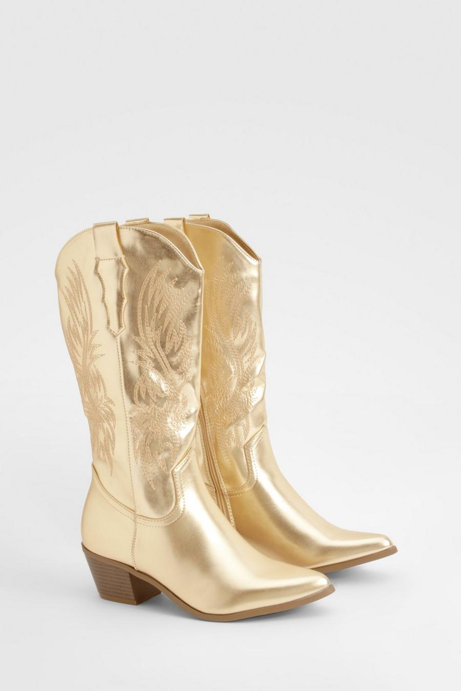 Gold Metallic Embroidered Calf High Western Boots 