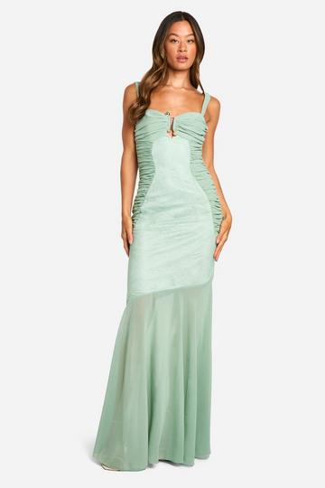 Green Tall Lace Chiffon Mix Ruched Maxi Dress