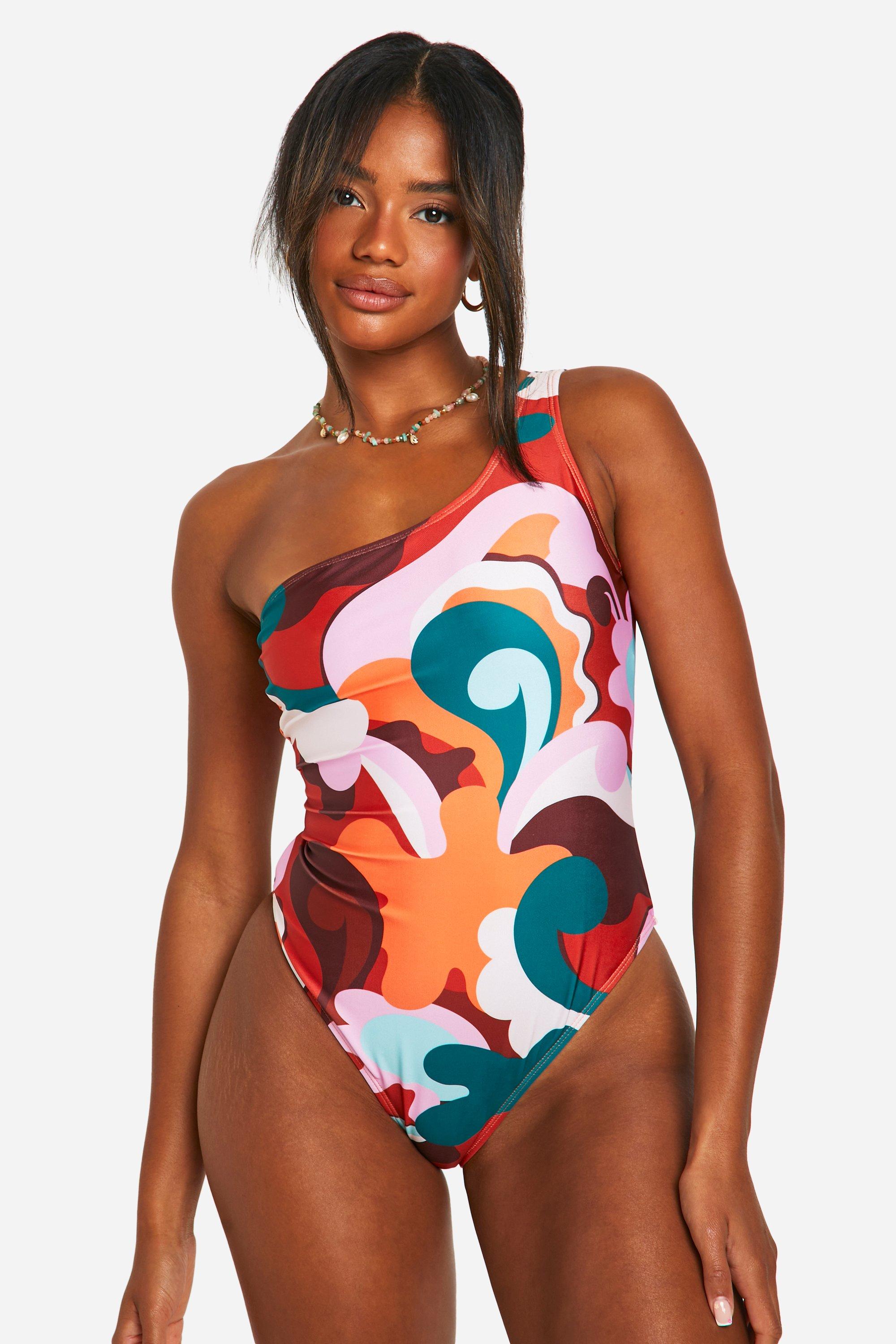 Abstract Print Asymmetric Swimsuit boohoo