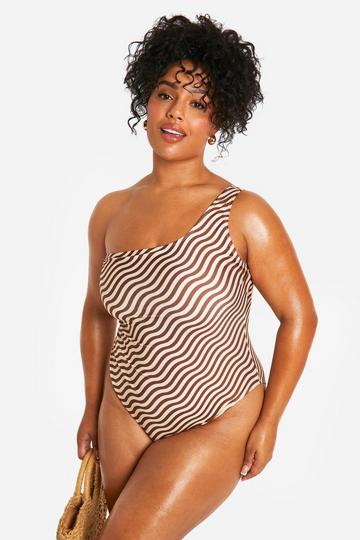 Plus Wave Print Asymmetric Swimsuit brown