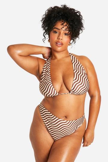 Brown Plus Wave Print High Leg Bikini Set