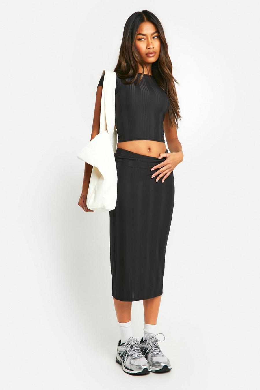Black Cap Sleeve Top And Midi Skirt Set image number 1