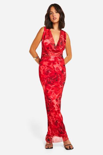 Printed Cowl Neck Maxi Dress red