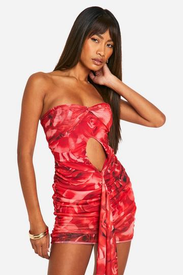 Printed Mesh Ruffle Mini Dress red