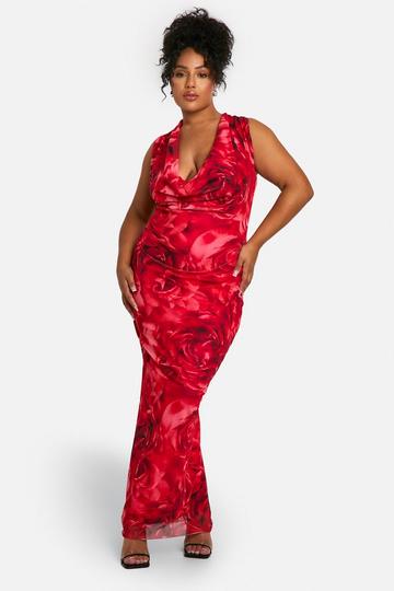 Plus Rose Printed Mesh Deep Cowl Maxi Dress red