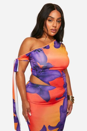 Orange Molly Smith Plus Printed Slinky Tie Shoulder Asymmetric Top