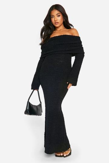 Petite Boucle Extreme Foldover Bardot Knitted Maxi Dress black