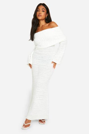 Petite Boucle Extreme Foldover Off The Shoulder Knitted Maxi Dress ecru