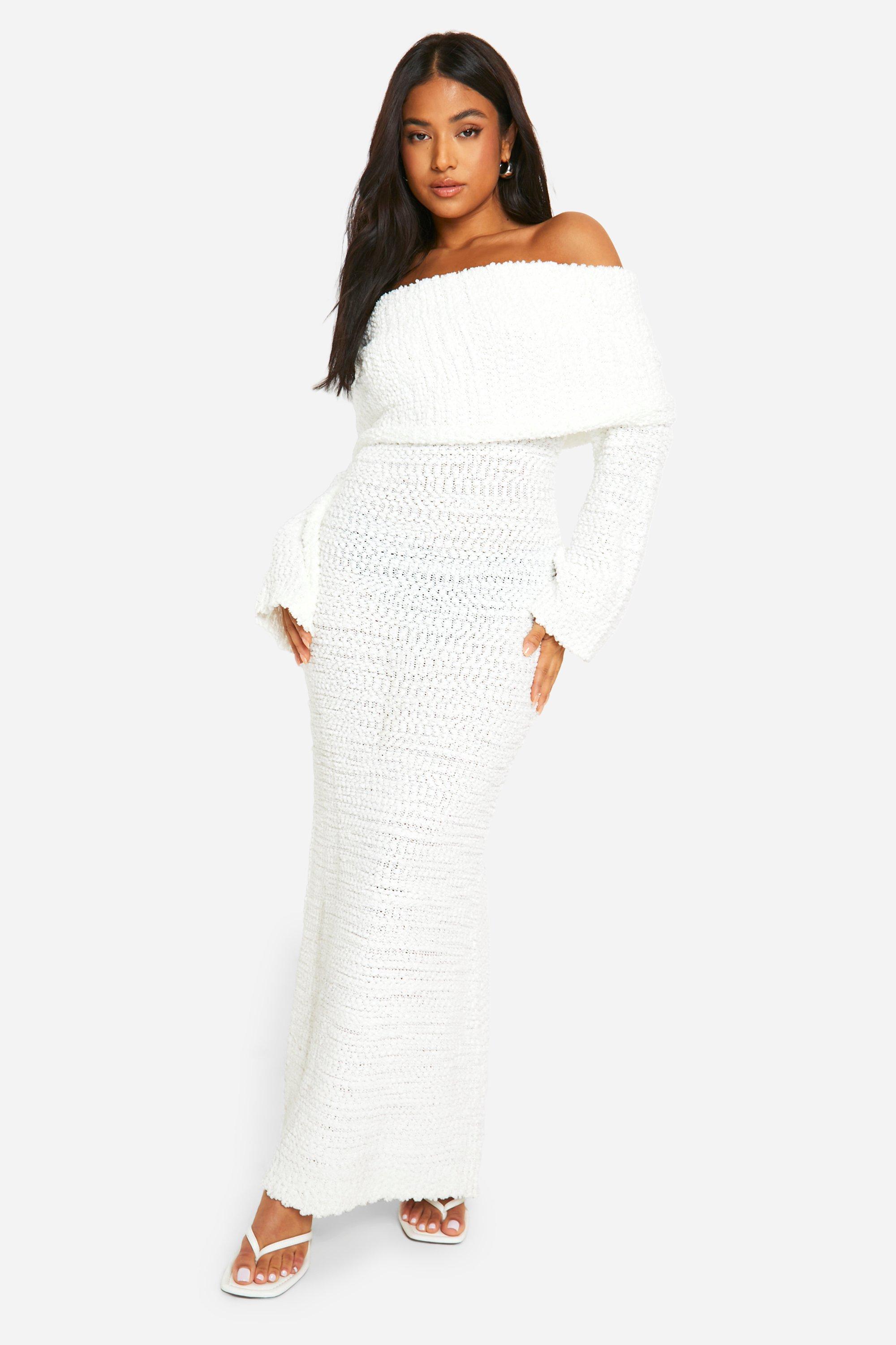 Petite Boucle Extreme Foldover Off The Shoulder Knitted Maxi