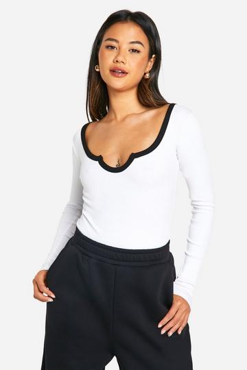 White Premium Contrast Rib Notch Neck Long Sleeve Bodysuit