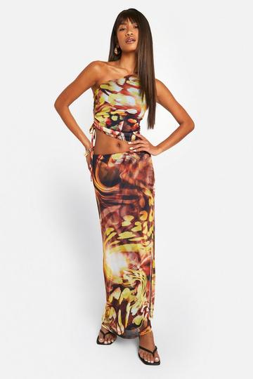 Crop Top Met Abstracte Opdruk En Eén Blote Schouder En Maxi Rok yellow