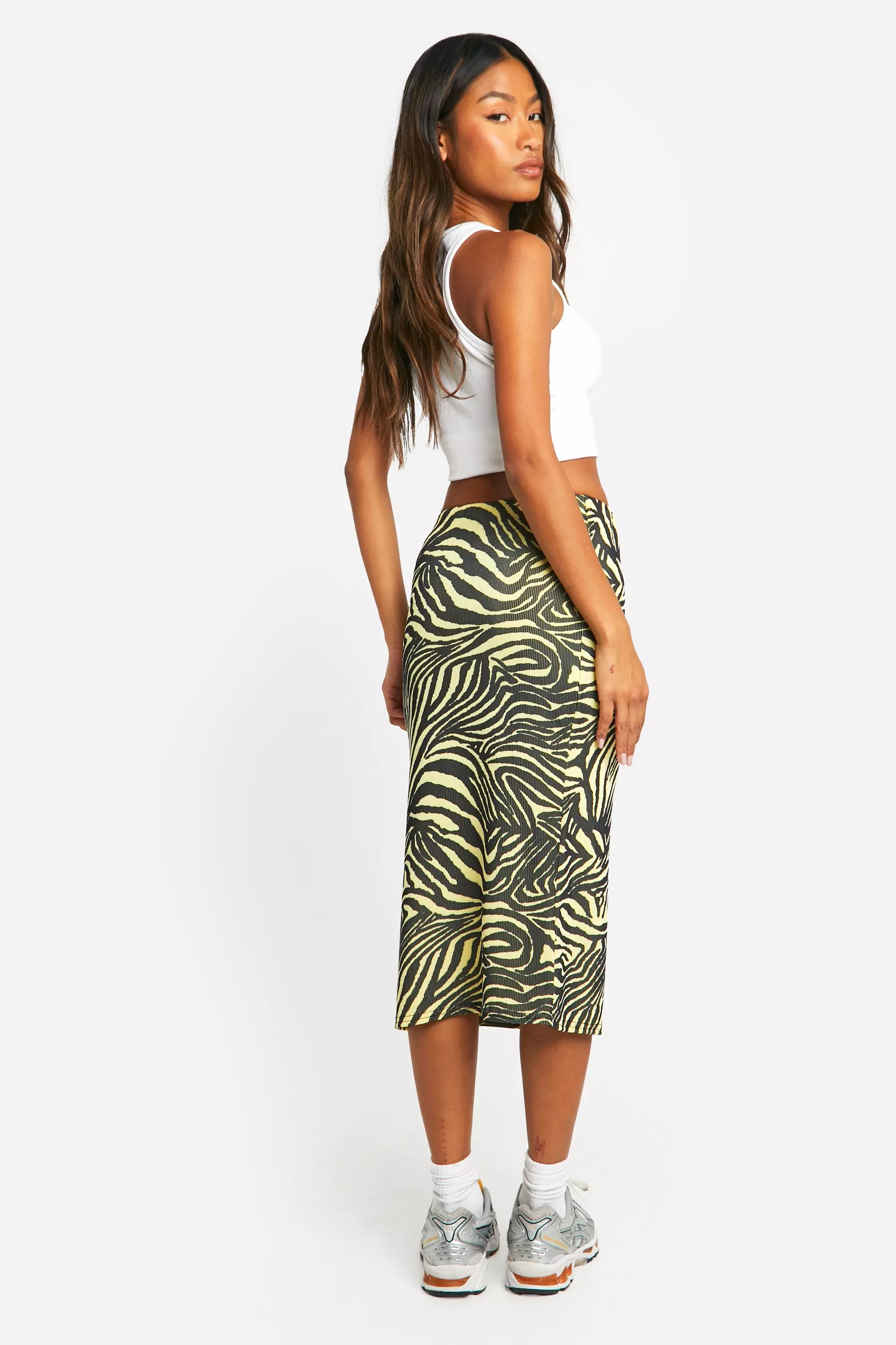 Lemon Zebra Print Rib Side Split Midi Skirt صورة بديلة