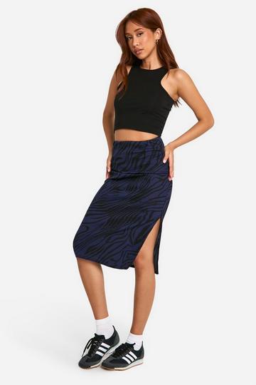 Zebra Print Rib Side Split Midi Skirt navy