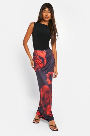 Slinky Flower Print Maxi Skirt black