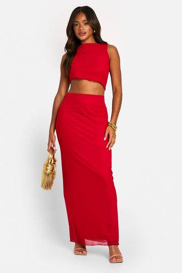 Asymmetric Mesh Maxi Skirt red