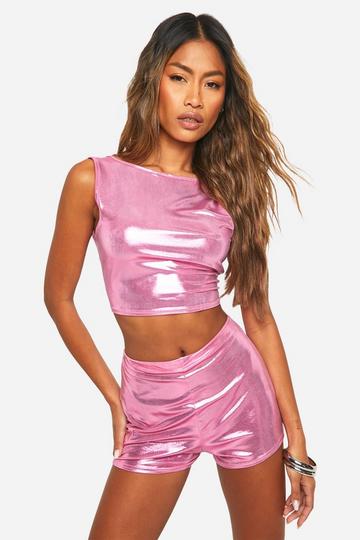 Pink Metallic Racer Neck Crop Top