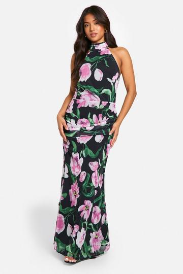 Petite Geplooide Abstracte Bloemen Maxi Jurk Met Hoge Hals black