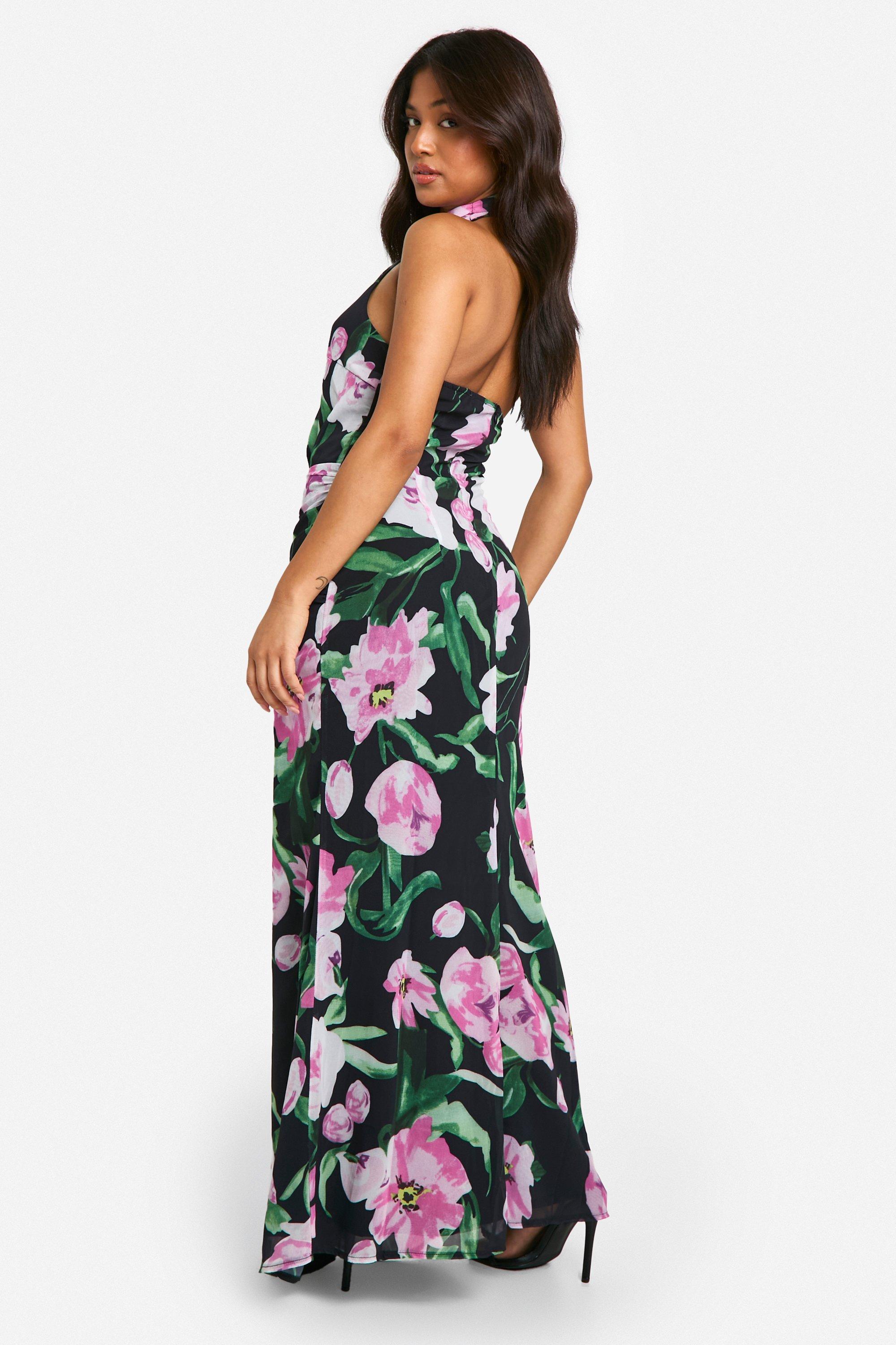 Petite Robe longue froncee fleurie a col montant