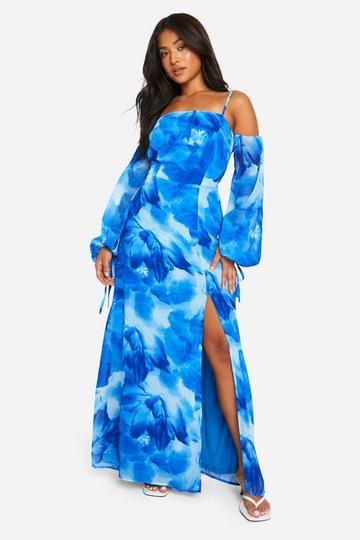 Petite Blurred Floral Cold Shoulder Maxi Dress cobalt