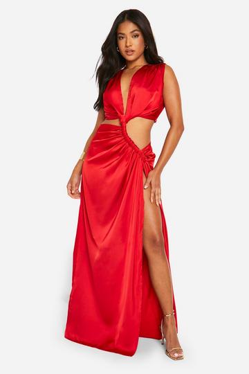 Petite Satin Ruched Detail Plunge Maxi Dress red