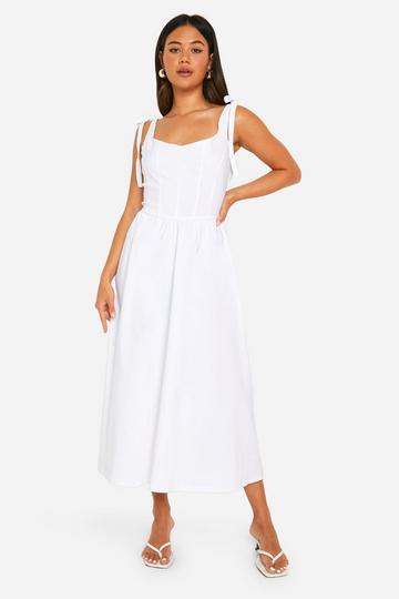 Tie Shoulder Bengaline Milkmaid Midaxi Dress white