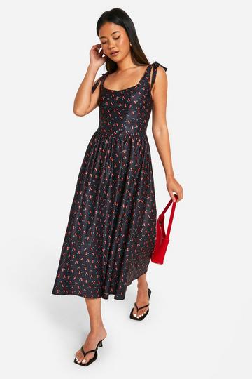 Cherry Print Tie Shoulder Bengaline Milkmaid Midaxi Dress black
