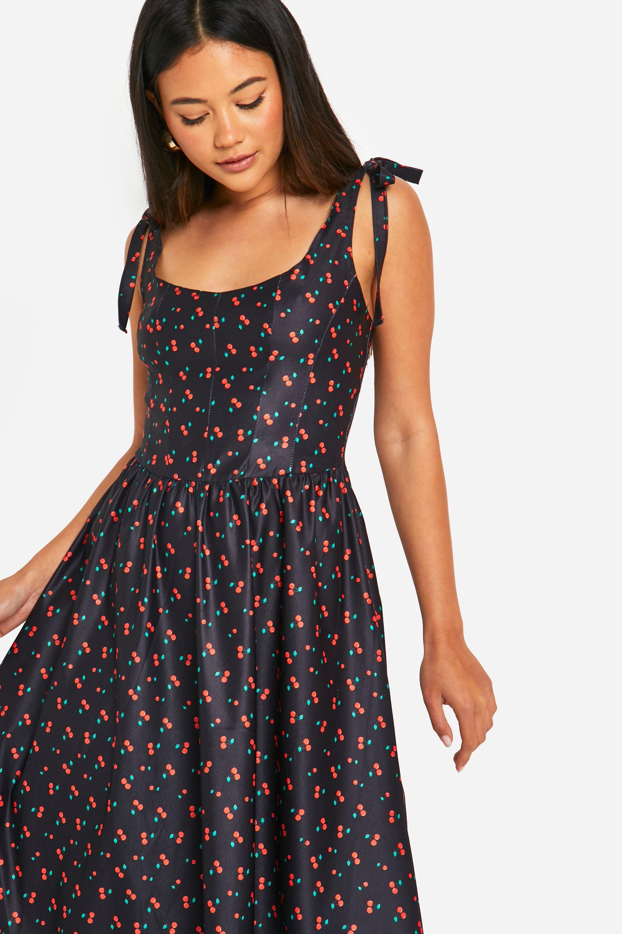 Cherry Print Tie Shoulder Bengaline Milkmaid Midaxi Dress boohoo