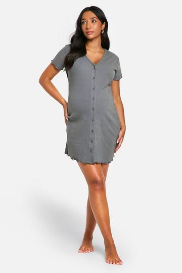 Maternity Ribbed Button Down Nightgown charcoal