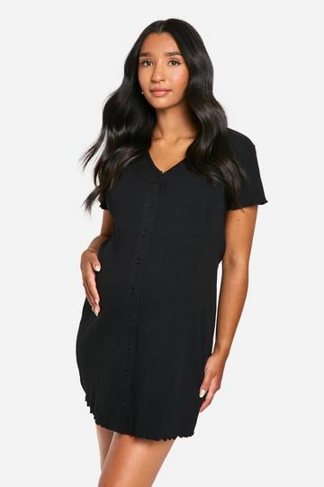 Maternity Ribbed Button Down Nightgown black