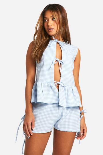 Petite Gingham Shorts Met Zijstrikjes baby blue