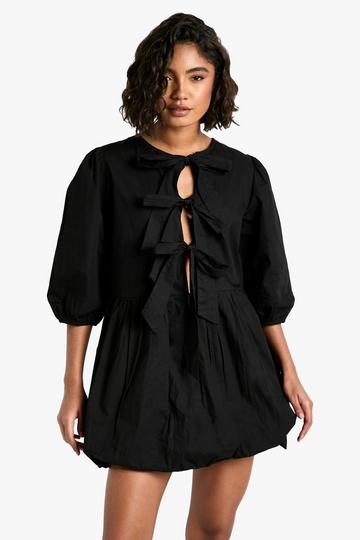 Tall Tie Front Volume Sleeve Skater Dress black