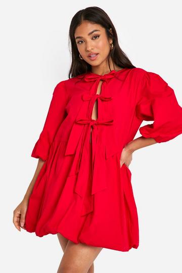 Petite Tie Front Puff Sleeve Skater Dress red